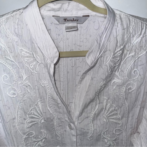 NWT Tanjay White Embroidered Button-Up Blouse 3/4 sleeve size 14 mandarin collar - Picture 3 of 10